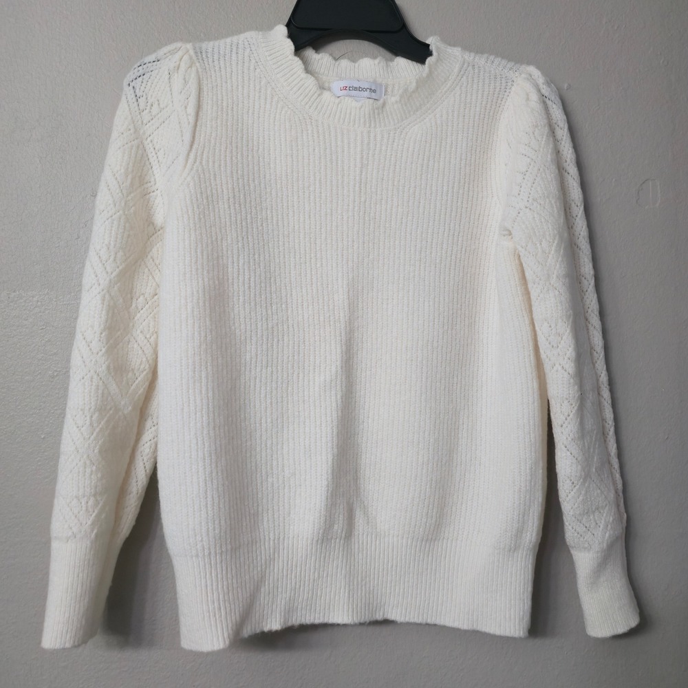 Liz Claiborne Womens Cream White Ribbed Pointelle Sleeve Scallop Neck Sweater M